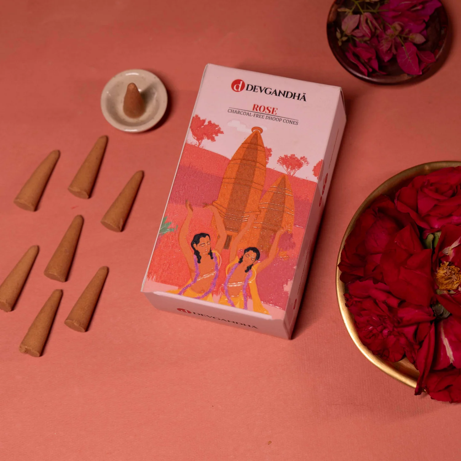 Devgandha Rose Charcoal-free Dhoop Cone | (Approx. 50 Cones) | Indian product Online Shopping Store