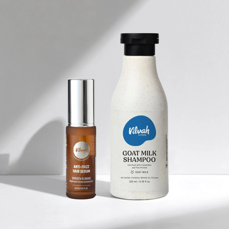 Vilvah Shampoo & Hair Serum Combo | Goat Milk Shampoo + Anti-Frizz Hair Serum | Hydrates, Smoothens Frizz & Adds Shine | Colour-Safe, Strengthens Hair | For All Hair Types | Indian product Online Shopping Store