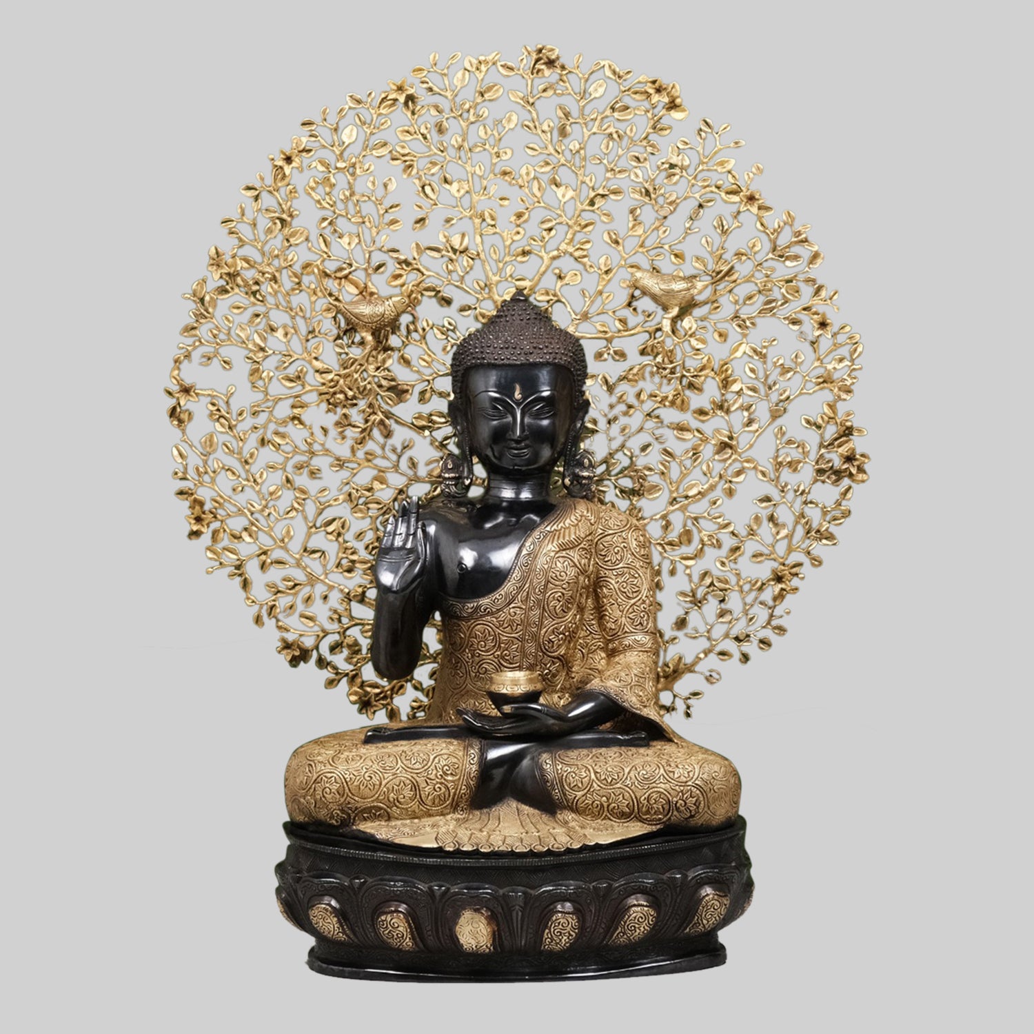 Brass Blessing Buddha with Tree in Black & Gold Finish 29 in_1 | Indian product Online Shopping Store