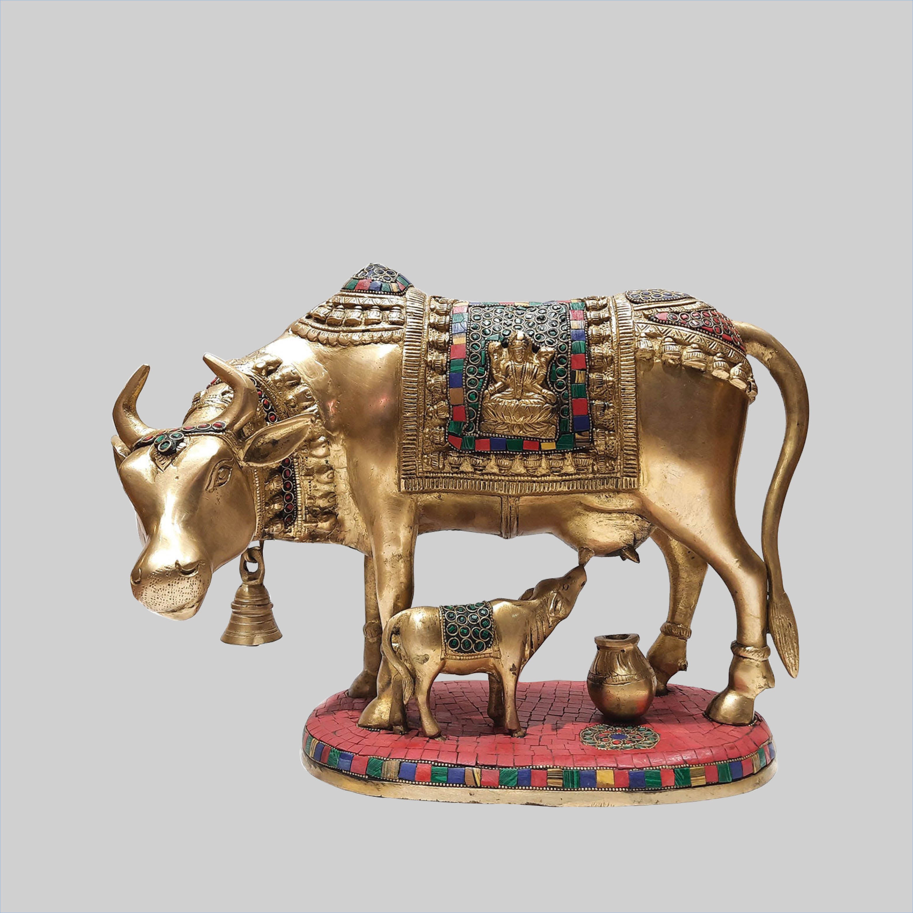 Brass Cow and Calf with Ring Stonework 11 in_1 | Indian product Online Shopping Store