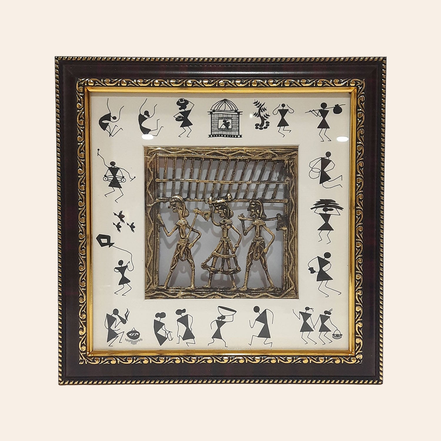 Brass Dokra Warli Painting Frame 6 in X 6 in | Indian product Online Shopping Store