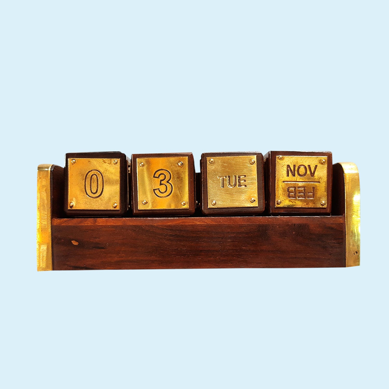Brass Finish Calendar Box on Wooden Base_1 | Indian product Online Shopping Store