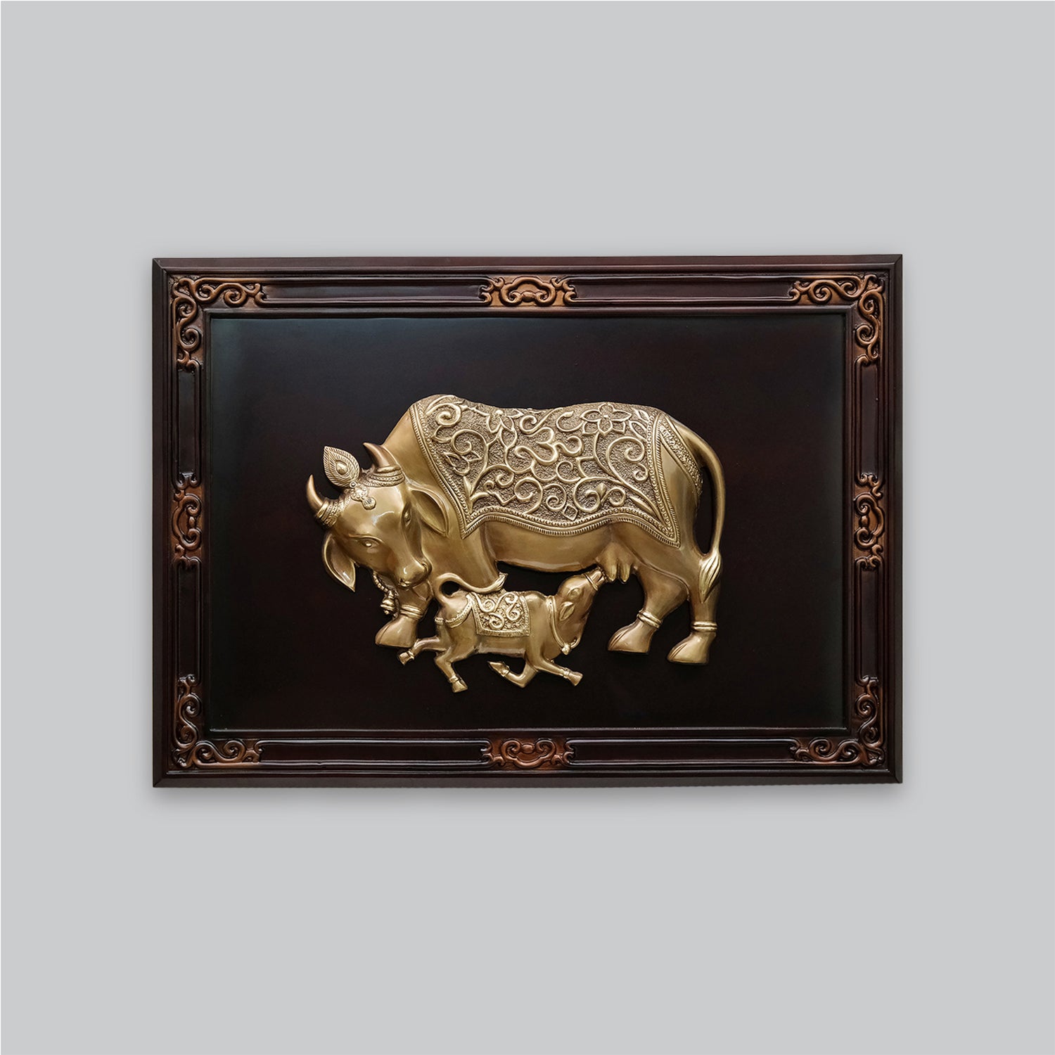 Brass Wall Hanging Cow & Calf in Wooden Frame 24 in | Indian product Online Shopping Store