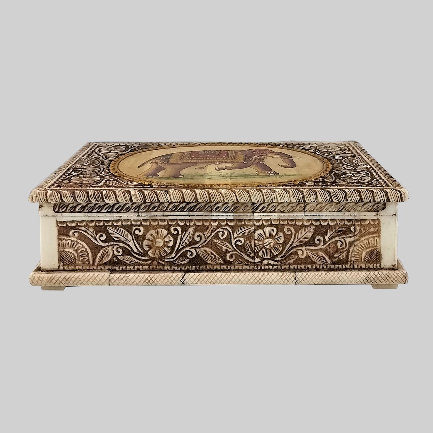 Camel Bone Box with Elephant Carving and Painting 8 x 5 in_1 | Indian product Online Shopping Store