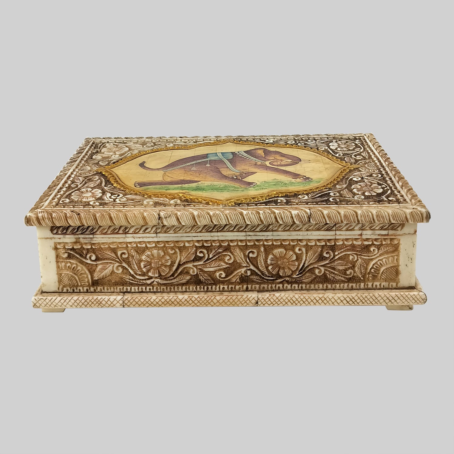 Camel Bone Rectangle Carved Box with Elephant Painting 8 in x 5 in x 3 in_1 | Indian product Online Shopping Store