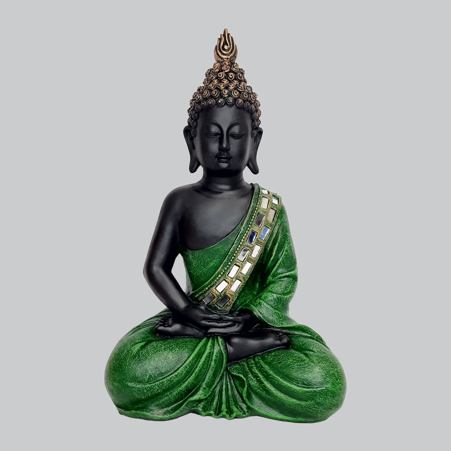 Resin Meditating Buddha in Black & Green Colour with Glass work 11 in_1 | Indian product Online Shopping Store