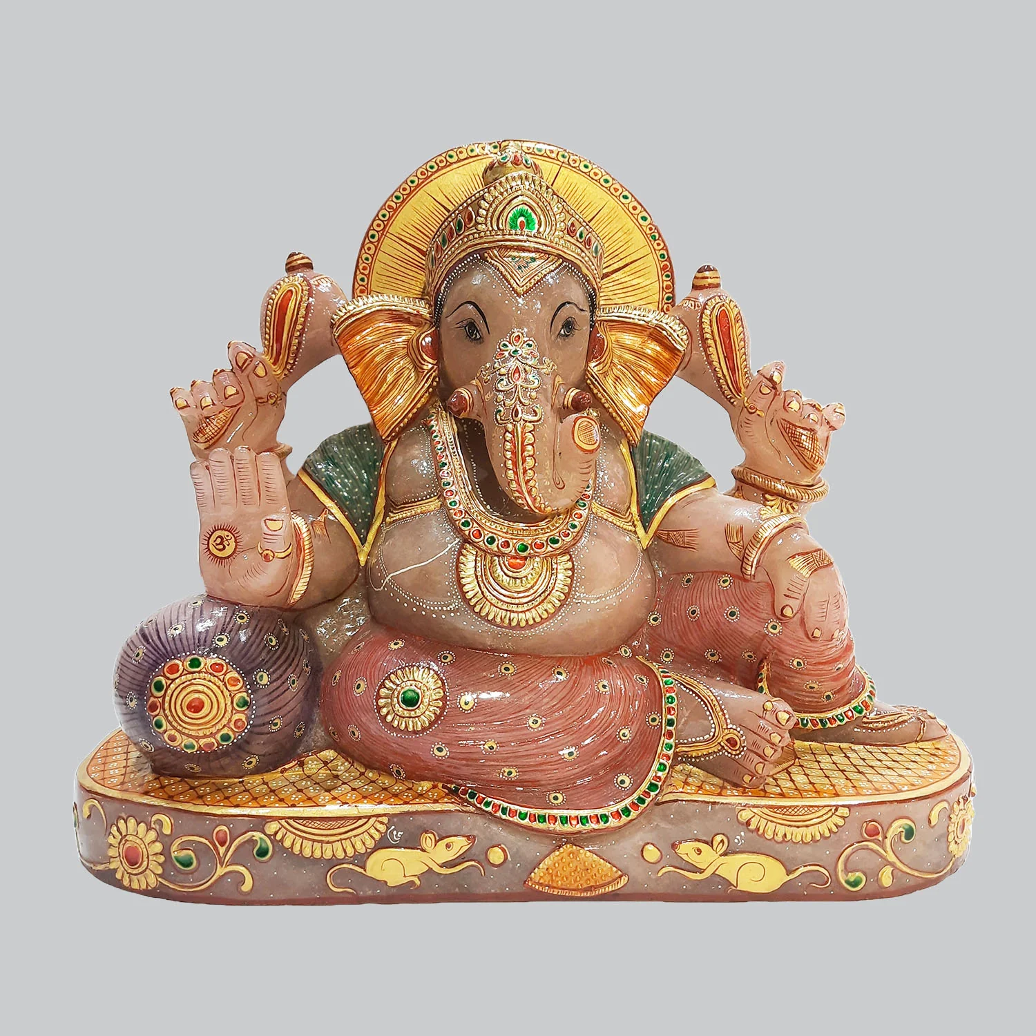 Rose Quartz Stone Ganesha Sitting with Pillow Hand Painted 12 in_1 | Indian product Online Shopping Store