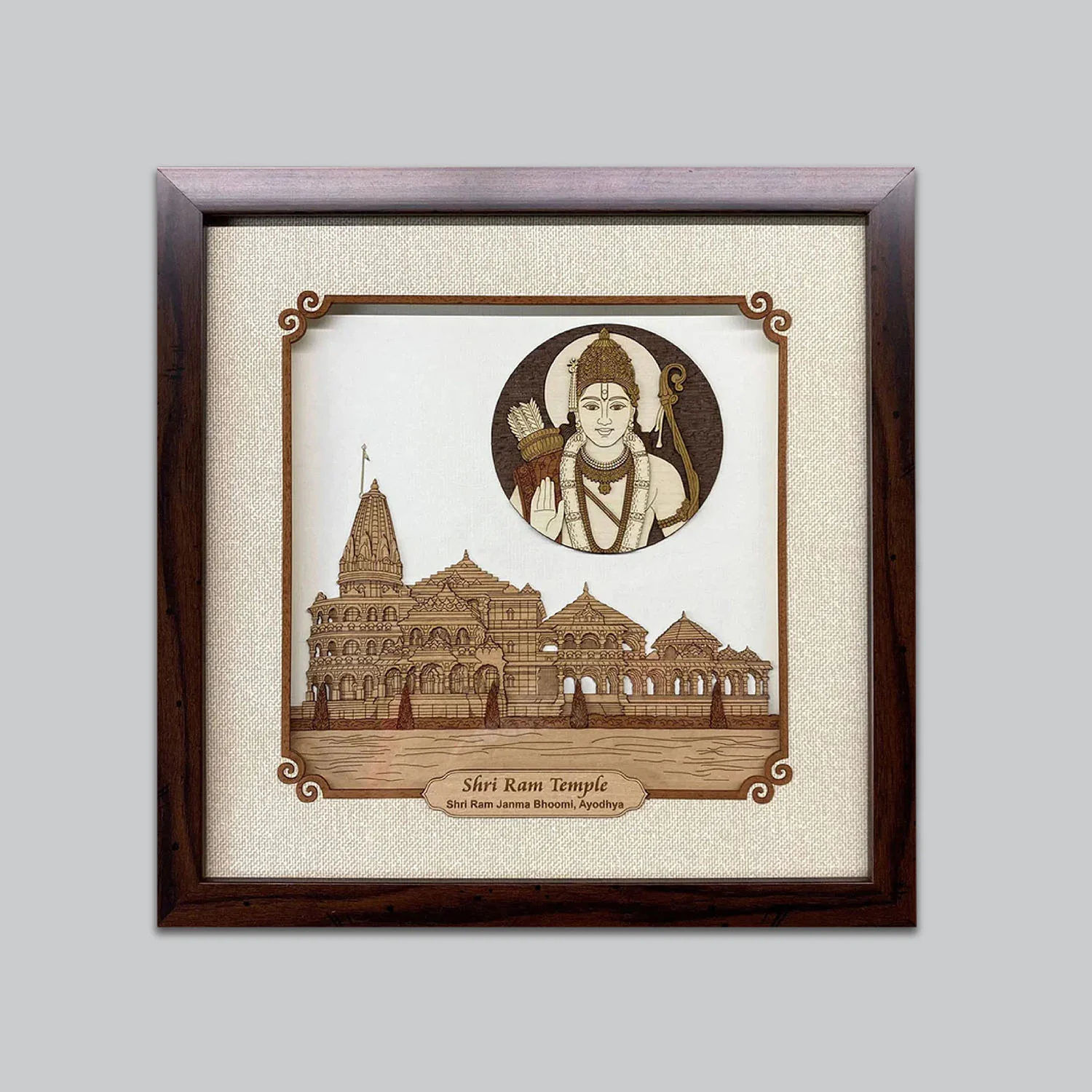 Shri Ram Mandir Ayodhya Wood Art Frame 12 in x 12 in_1 | Indian product Online Shopping Store